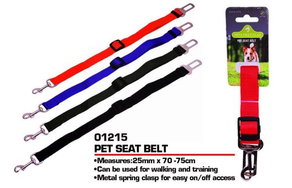 Pets That Play Pet Seat Belt with Metal Spring Clasp - 25mm x 75cm - Green/Blue/Red/Black