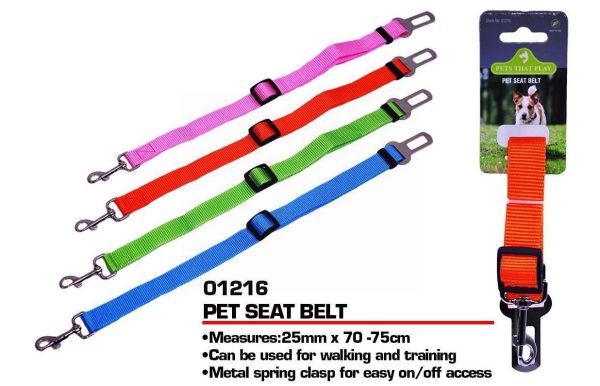 Pets That Play Pet Seat Belt with Metal Spring Clasp - 25mm x 75cm - Green/Blue/Pink/Orange