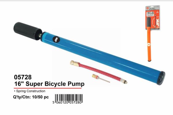 JAK Super Bicycle Pump - 16" - Assorted Colours