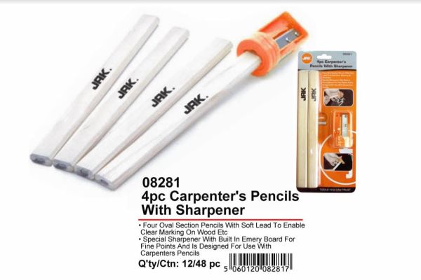 JAK Carpenter's Pencils with Sharpener - Pack of 4