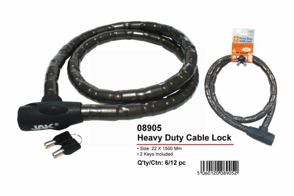 JAK Heavy Duty Cable Lock with 2 Keys - 22 x 1500mm - Black 