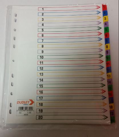 A4 Coloured Numbered Index Divider Cards -  Numbers 1 - 20