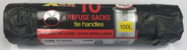 Tidyz X-tra Strong Extra Large Tie Handle Refuse Sacks - Roll of 10 - 100 Litres - 100 x 160cm