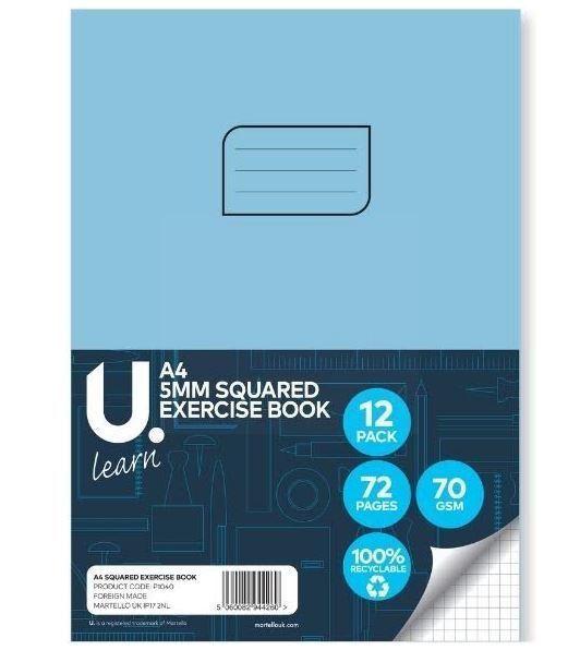 U Learn A4 Squared Exercise Book with 5mm Squares - 70 GSM - 72 Pages