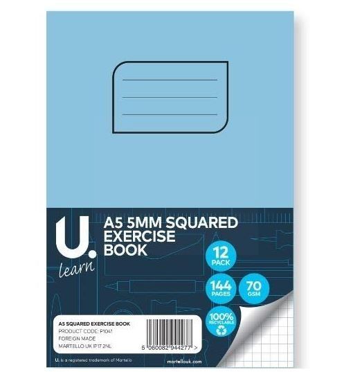 U Learn A5 Squared Exercise Book with 5mm Squares - 70 GSM - 144 Pages