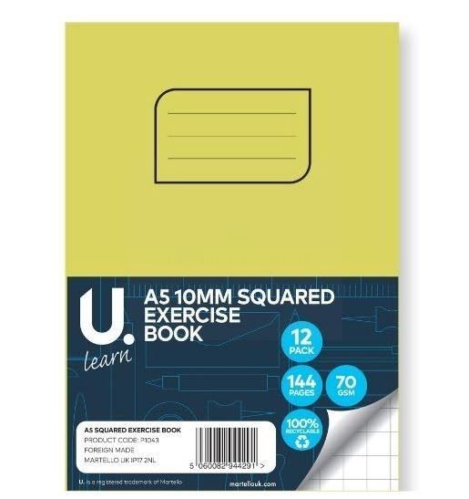 U Learn A5 Squared Exercise Book with 10mm Squares - 70 GSM - 144 Pages