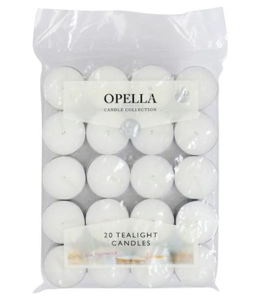Opella Non-Fragranced Long Lasting Tea Lights / Candles - White - Pack Of 20