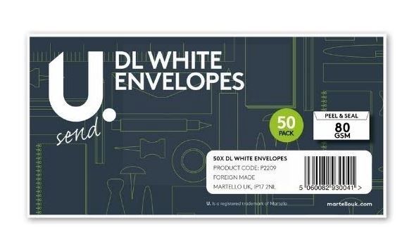 U Send DL Peal & Seal Envelopes - White - 80GSM - 22 x 11cm - Pack Of 40          