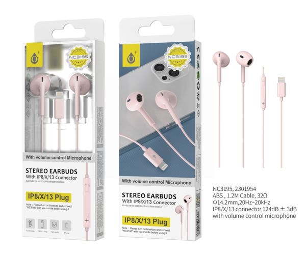 MTK Lightning Digital Stereo Earbuds With Microphone - Baby Pink - 1.2m