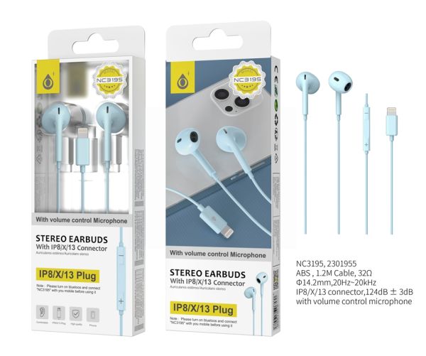 MTK Lightning Digital Stereo Earbuds With Microphone - Baby Blue - 1.2m