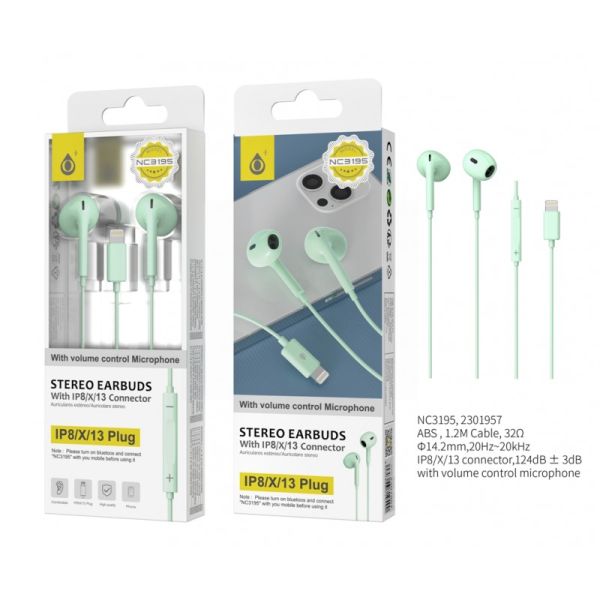 MTK Lightning Digital Stereo Earbuds With Microphone - Baby Green - 1.2m