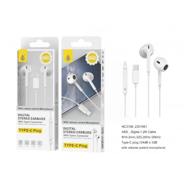 MTK Type-C Digital Stereo Earbuds With Microphone - White - 1.2m