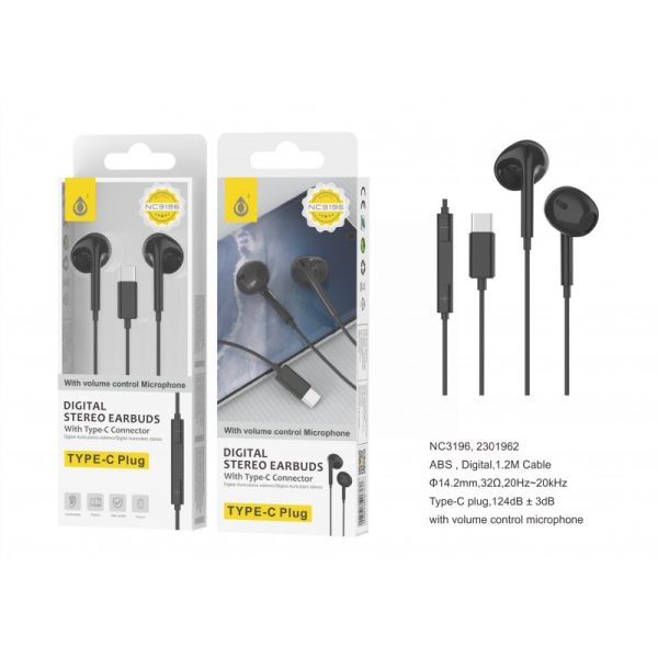 MTK Type-C Digital Stereo Earbuds With Microphone - Black - 1.2m