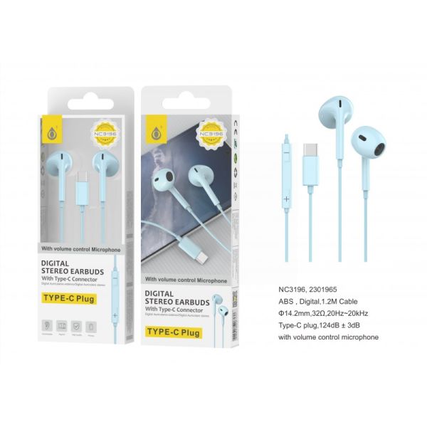 MTK Type-C Digital Stereo Earbuds With Microphone - Baby Blue - 1.2m