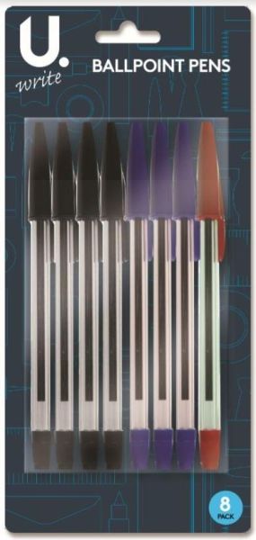 U Write Ballpoint Pens - Assorted Colours - Pack of 8