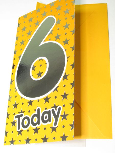 BIRTHDAY GREETING CARD AGE 6 WITH STARS DESIGN & YELLOW COLOUR
