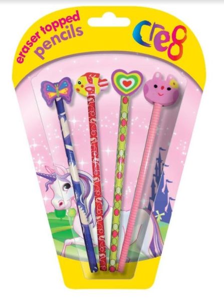 Cre8 Eraser Topped Pencils for Girls - Assorted Designs - Pack of 4