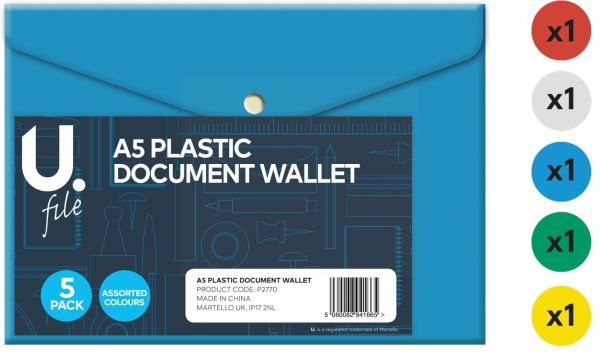 A5 Plastic Document Wallet - Pack of 5 - Assorted Colours
