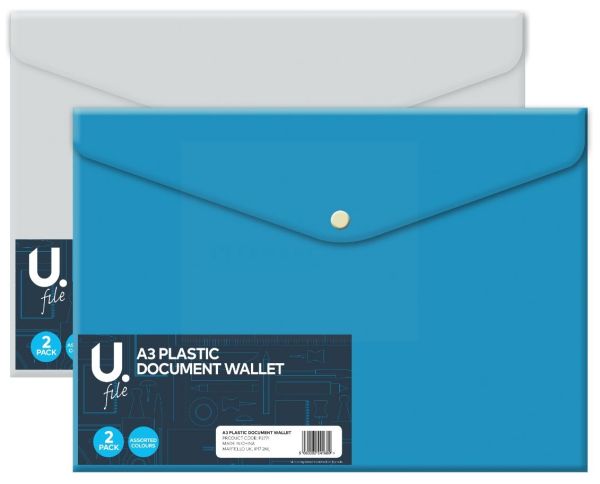 A3 Plastic Document Wallet - Pack of 2 - Assorted Colours