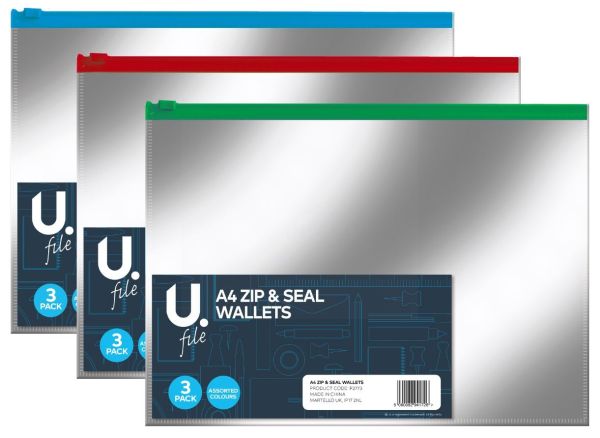A4 Zip & Seal Wallets - Pack of 3 - Assorted Colours