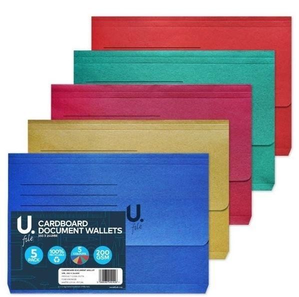 U File Cardboard Document Wallets - 35 x 24.5cm - Pack of 5 - 3 Assorted Colours