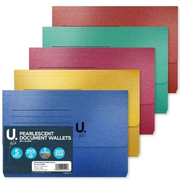 U File Pearlescent Document Wallets - 35 x 24.5cm - Pack of 5 - 5 Assorted Colours