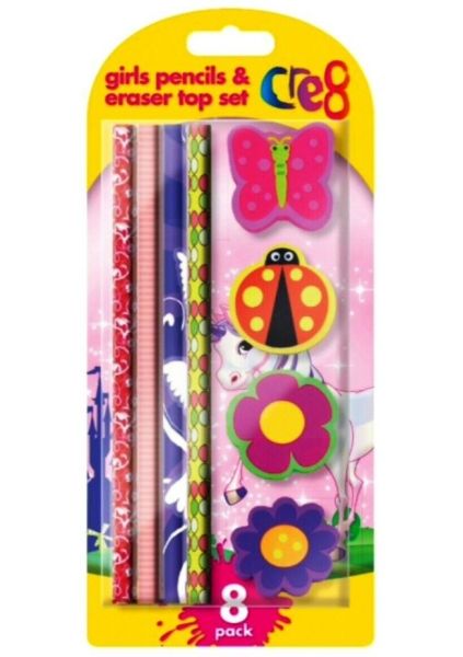 Cre8 Girls Pencils & Eraser Top Set - Pack of 8 