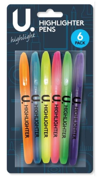 Highlighter Pens - Assorted Colours - Pack Of 6