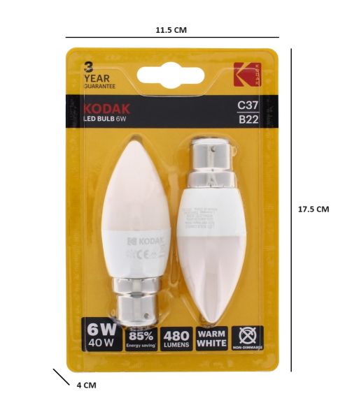 KODAK LED BULB CANDLE B22 BAYONET 6W WARM WHITE PACK OF 2