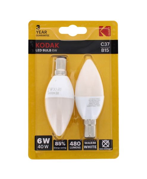 KODAK LED BULB CANDLE B15 BAYONET 6W WARM WHITE PAKC OF 2