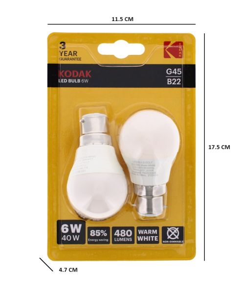 KODAK LED BULB GOLF B22 BAYONET 6W WARM WHITE PACK OF 2