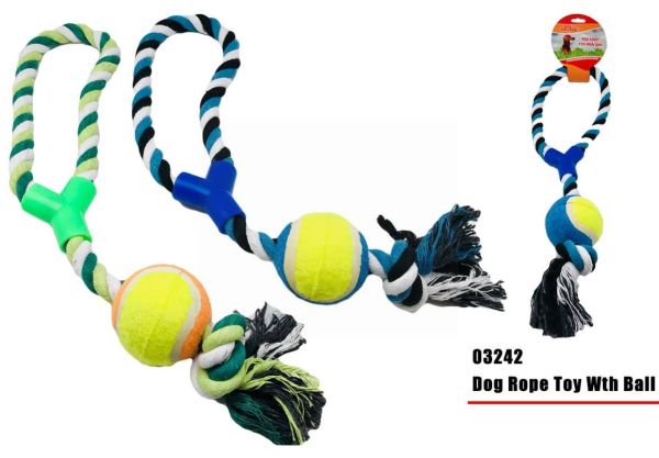Doggy Play Rope Toy With Tennis Ball - Colours May Vary