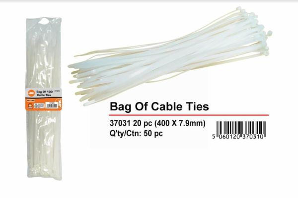 Natural Cable Ties - White - 400mm x 6mm - Pack of 20 