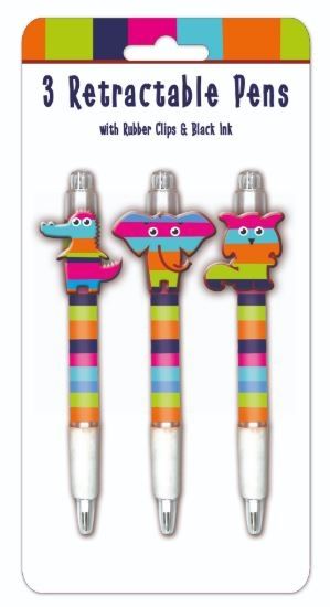 Retractable Pens With Rubber Clips And Black Ink - Rascals - Pack of 3