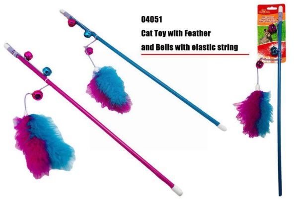 Cat Play Toy With Feather and Bells - Colours May Vary