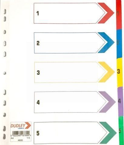 A4 Coloured Numbered Index Divider Cards - Numbers 1 - 5
