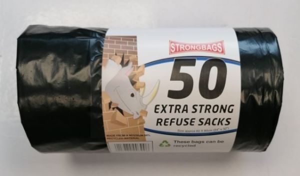 Strong Bags Heavy Duty Recyclable Extra Strong Refuse Sacks - 60 x 80cm - 50L - Roll of 50