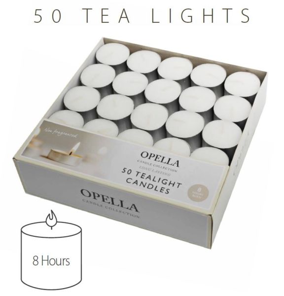 Opella Non-Fragranced Long Lasting Tea Lights / Candles - White - Pack Of 50