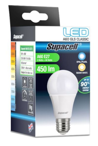 Supacell Led A60 Gls Es (E27) Base 5W Energy Saving Light Bulb - Screw Fitting - Warm White