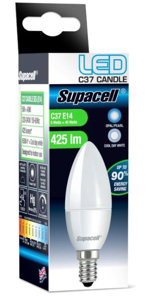 Supacell Led C37 Ses (E14) Base Candle Light Bulb With Screw Fitting - Opal/Pearl - Cool White