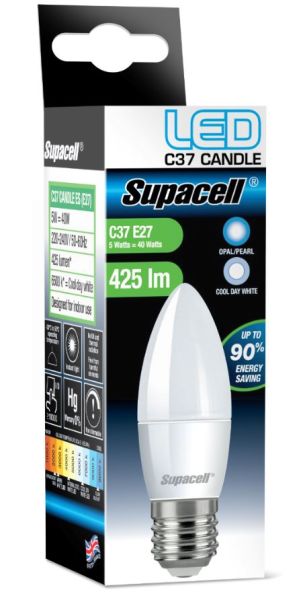 Supacell Led C37 Es (E27) Base Candle Light Bulb With Screw Fitting - Opal Pearl - Cool White