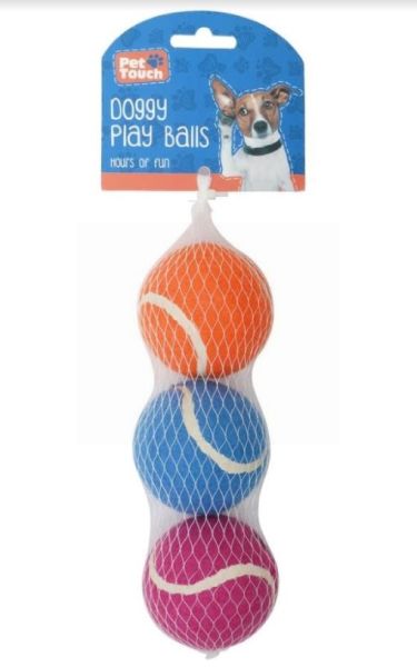 Pet Touch Doggy Tennis Play Balls - 6cm - Pack of 3 - Assorted Colours