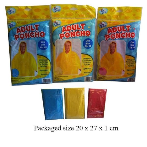 Fun Zone Waterproof & Reusable Adult Hooded Poncho - One Size - Assorted Colours