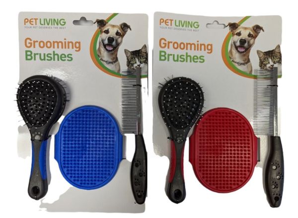 Pet Living Grooming Brushes for Cats & Dogs - Assorted Colours - 29.5 x 19 x 6cm - Pack of 3