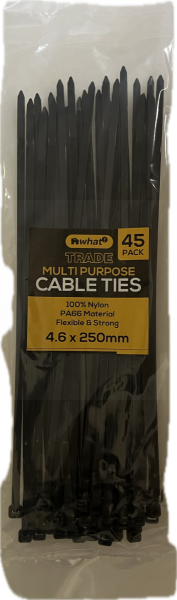 What! Multipurpose Cable Ties - Black - 4.6 x 250mm - Pack of 45