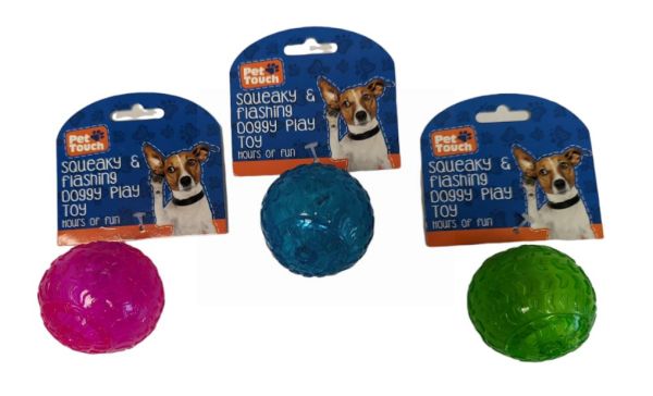 Pet Touch Squeaky & Flashing Ball - Doggy Play Toy - Assorted Colours - 6cm