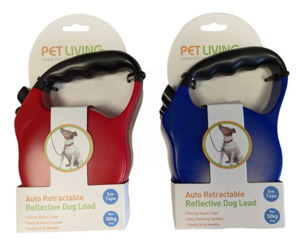 Pet Living Auto Retractable Reflective Dog Lead - 5m - Assorted Colours