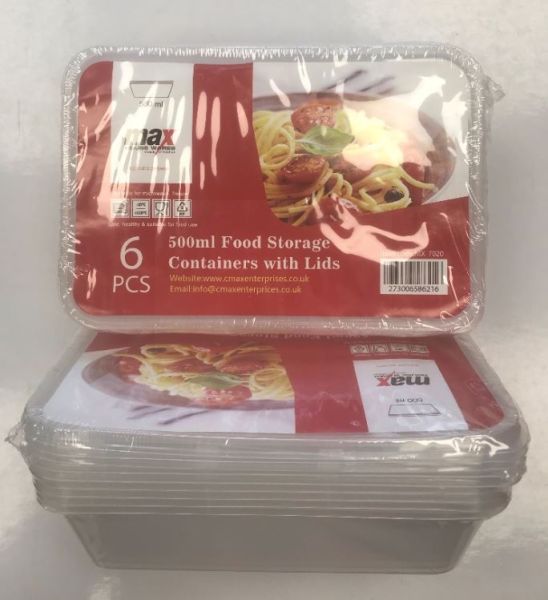 Max Disposable Food Storage Containers with Lids - 500ml - 17.5 x 11.5 x 4cm - Pack of 6