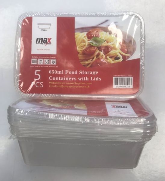 Max Disposable Food Storage Containers with Lids - 650ml - 17.5 x 11.5 x 5cm - Pack of 5