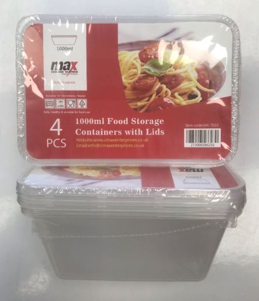 Max Disposable Food Storage Containers with Lids - 1000ml - 17.5 x 11.5 x 7.5cm - Pack of 4